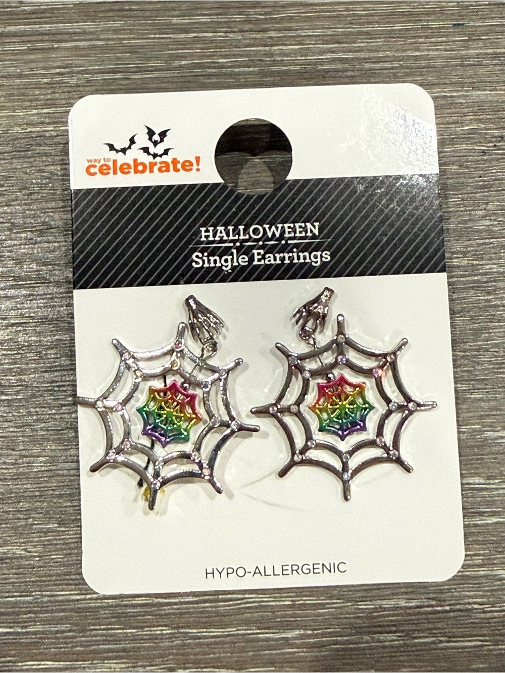NWT Way to Celebrate Halloween Silver Spider Web Earrings with Rainbow Accent